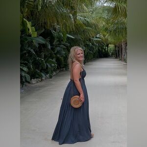 Boutique Blue Backless Maxi Wedding Guest Vacation Dress